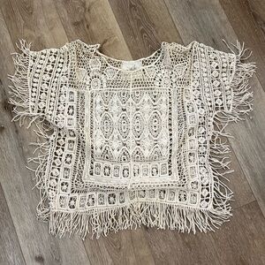 Angel Of The North Beige Crochet Fringe Blouse
